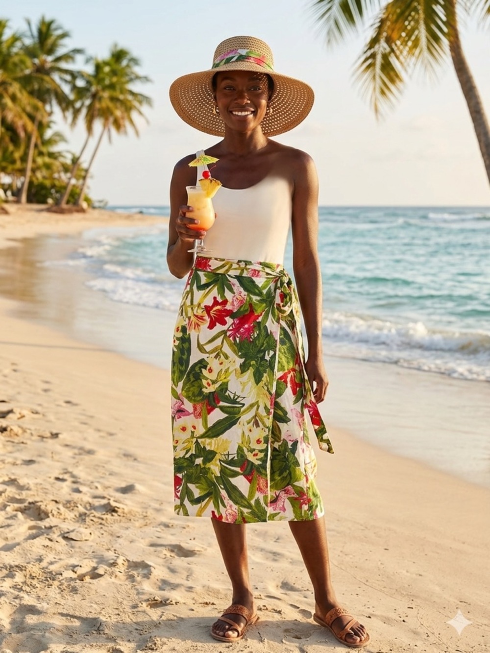 Beach Vacation White Tropical Floral Midi Wrap Skirt with Green & Red Print